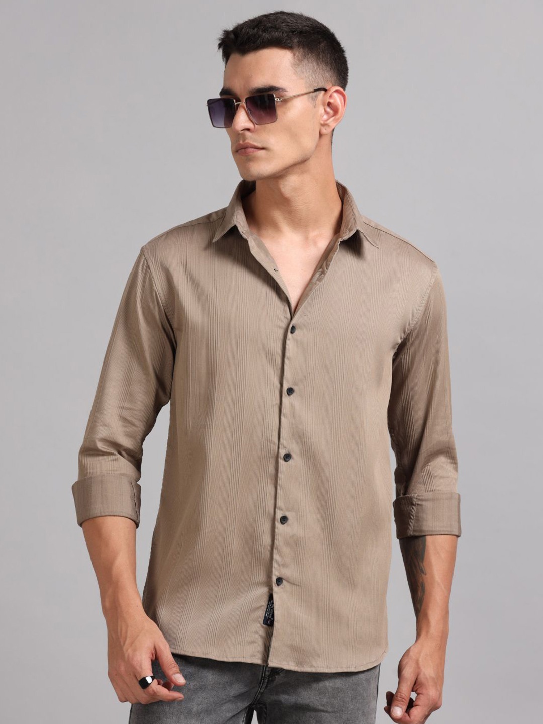 

PAUL STREET Men Standard Spread Collar Textured Cotton Casual Shirt, Khaki