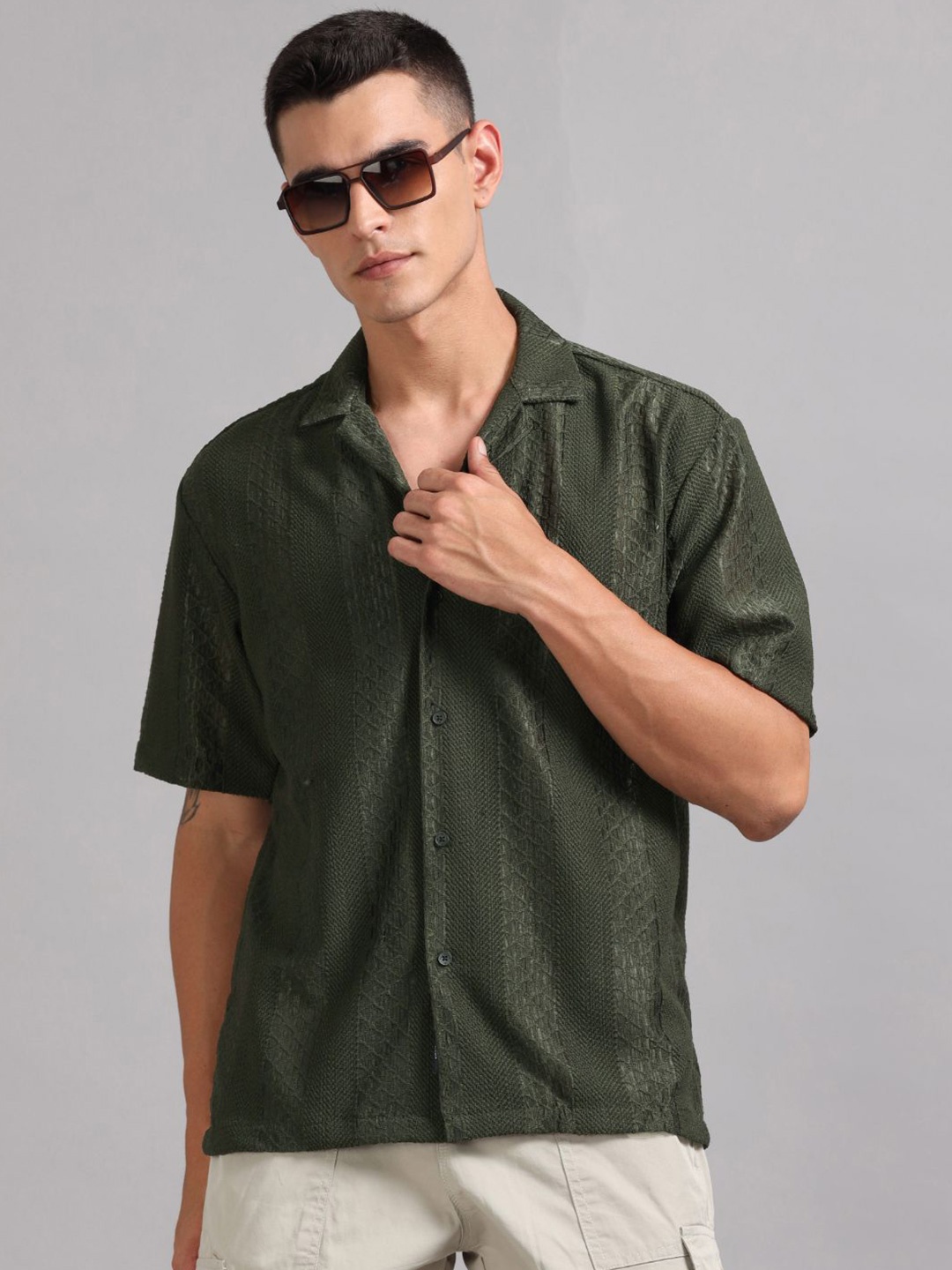 

PAUL STREET Men Relaxed Cuban Collar Textured Casual Shirt, Olive