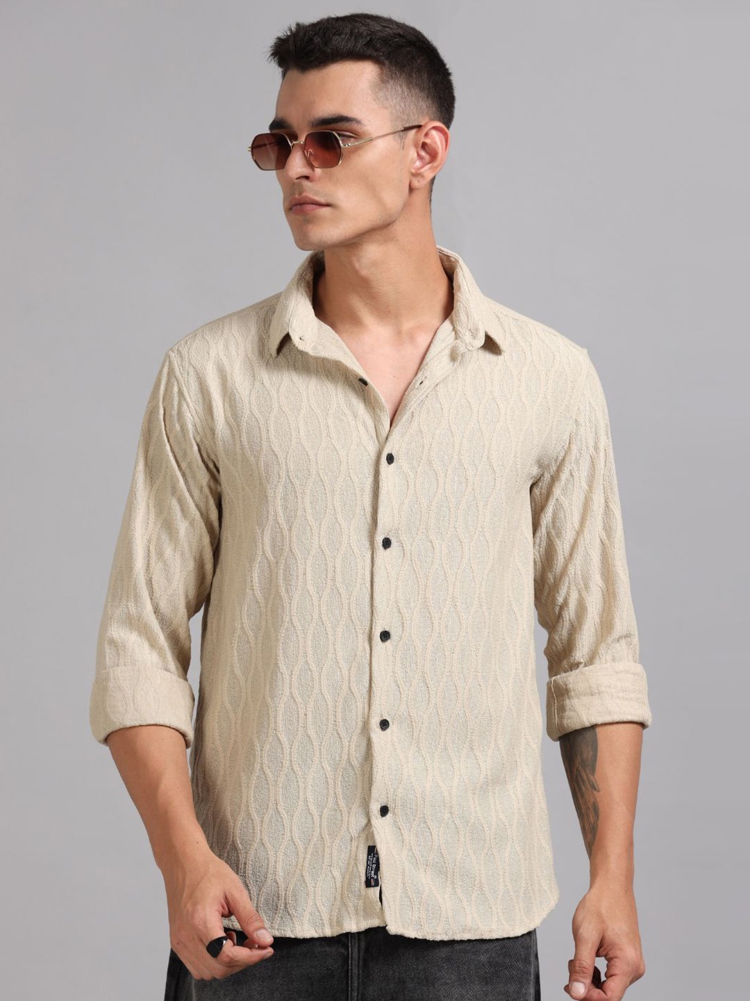 

PAUL STREET Men Standard Spread Collar Textured Casual Shirt, Beige