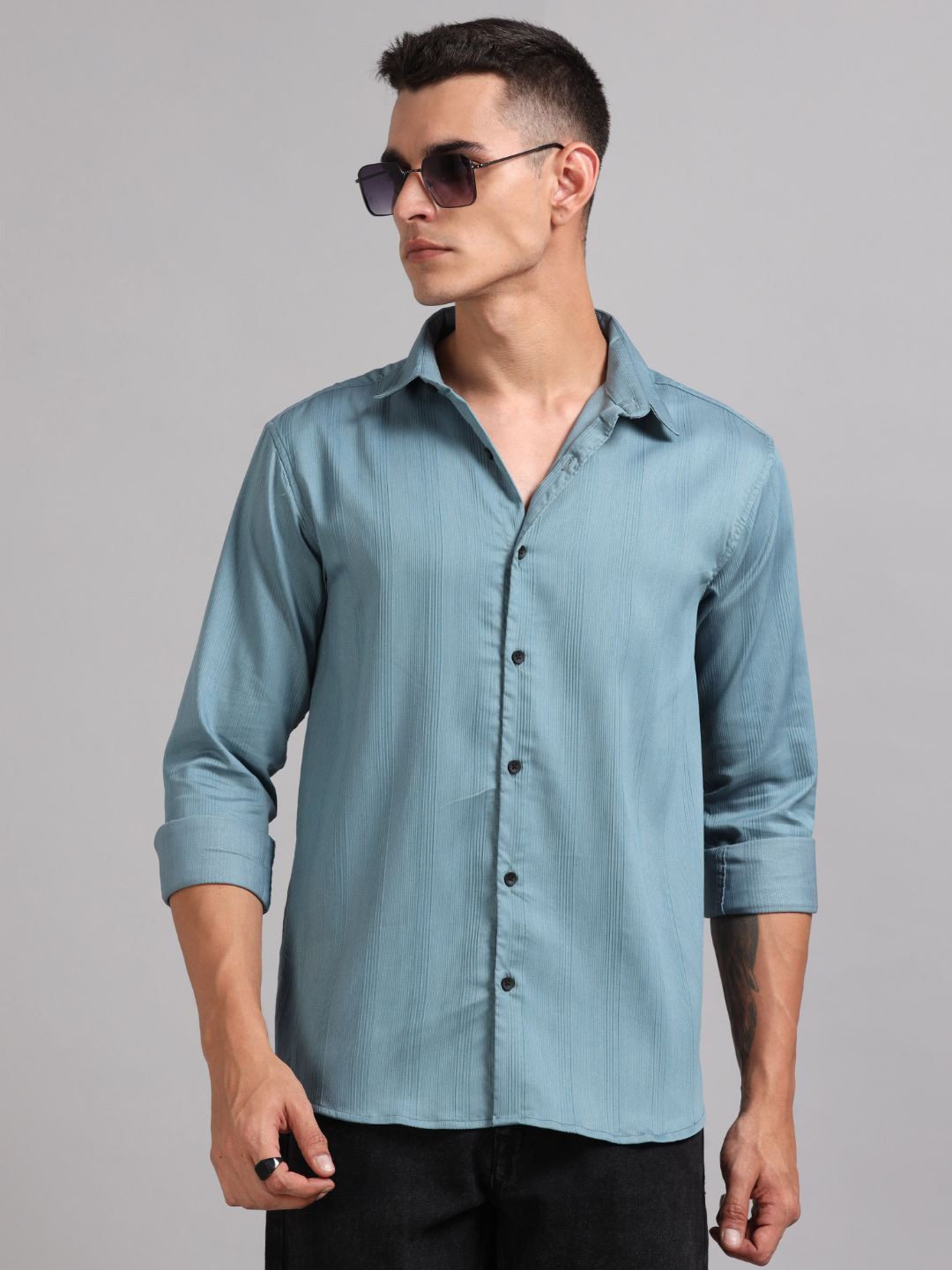 

PAUL STREET Men Standard Spread Collar Textured Cotton Casual Shirt, Blue