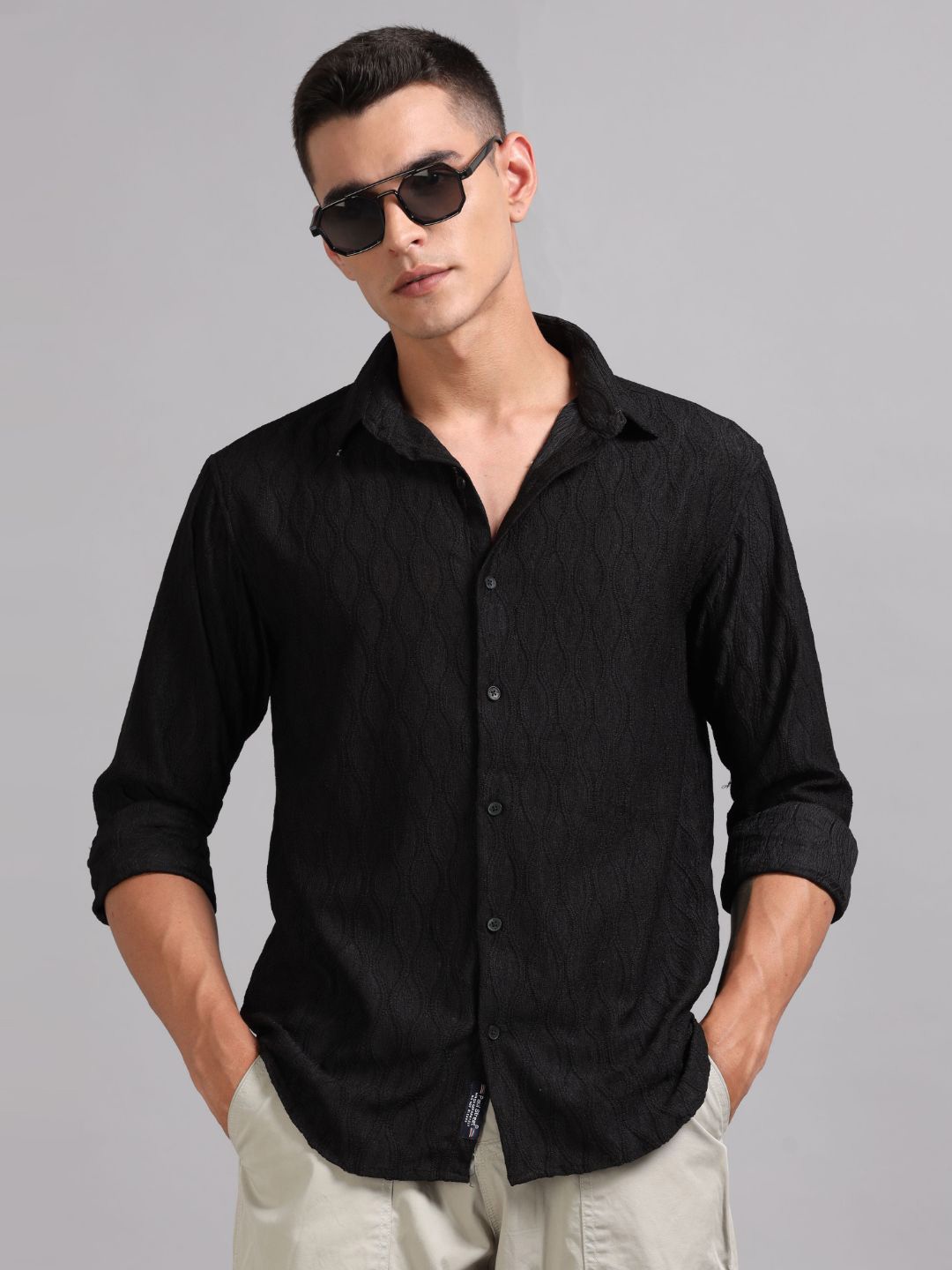 

PAUL STREET Men Standard Fit Spread Collar Textured Casual Shirt, Black