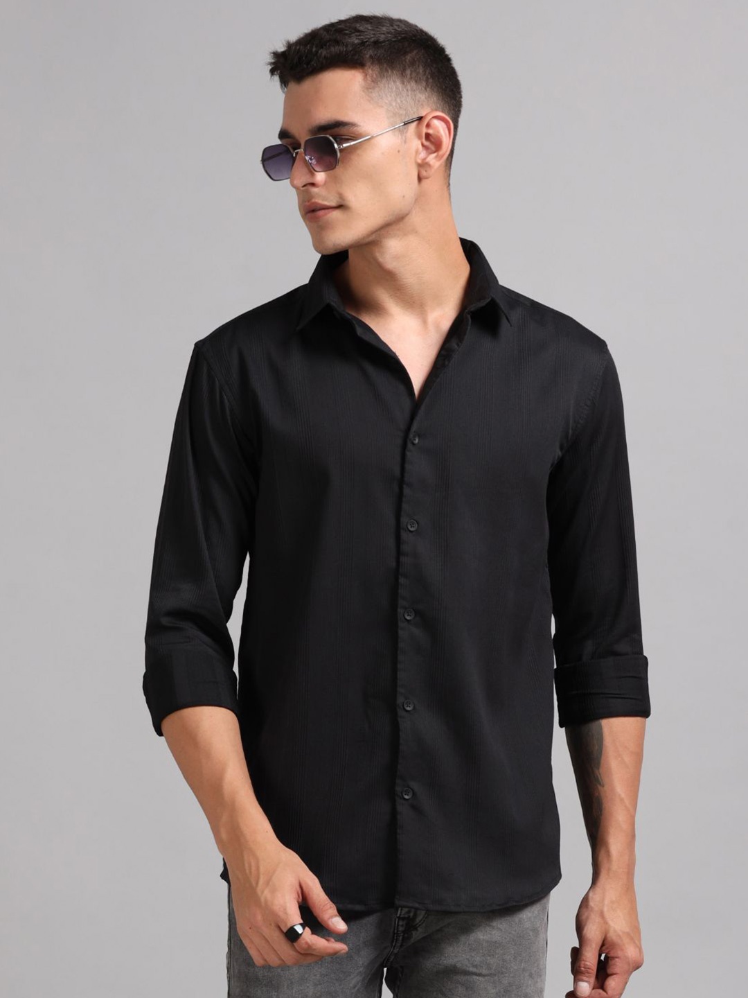 

PAUL STREET Men Standard Spread Collar Textured Cotton Casual Shirt, Black