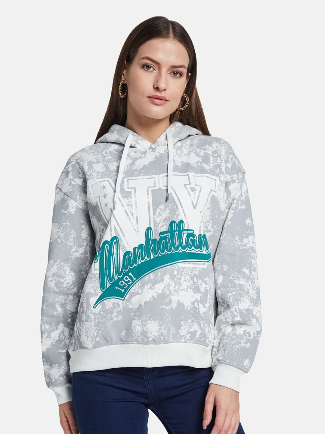 

METTLE Women Printed Hooded Sweatshirt, Grey