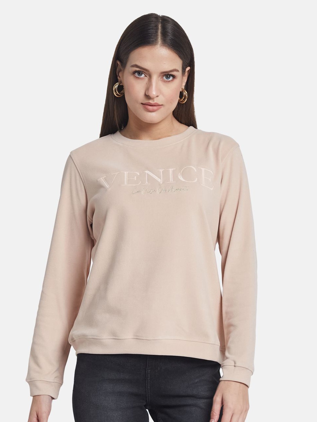 

METTLE Women Typography Embroidered Sweatshirt, Khaki