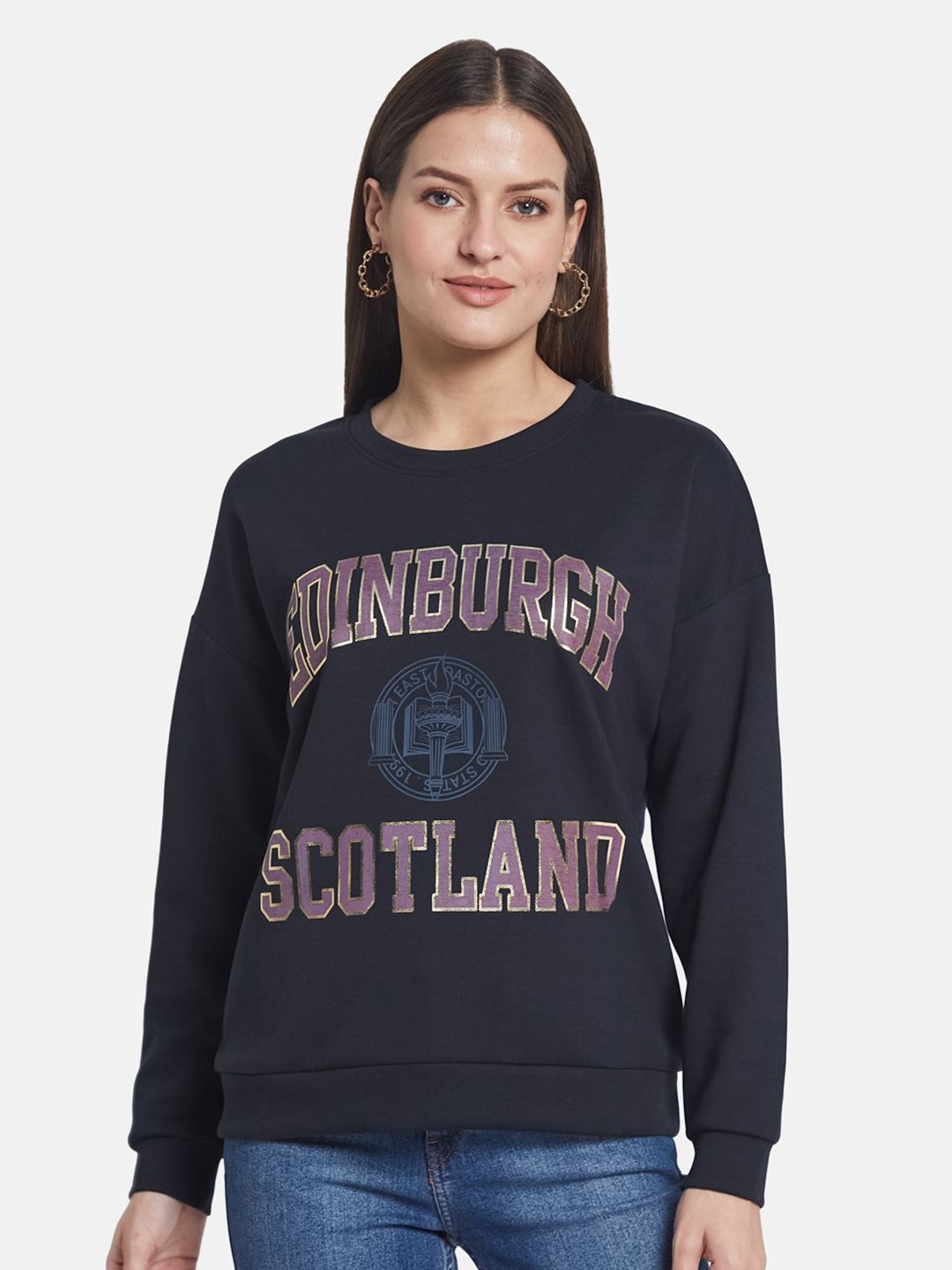 

METTLE Women Printed Sweatshirt, Navy blue