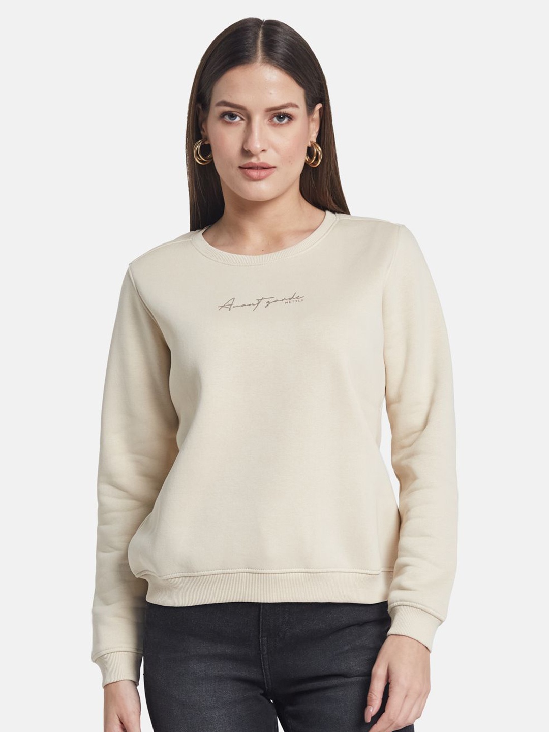 

METTLE Women Round Neck Long Sleeves Sweatshirt, Cream