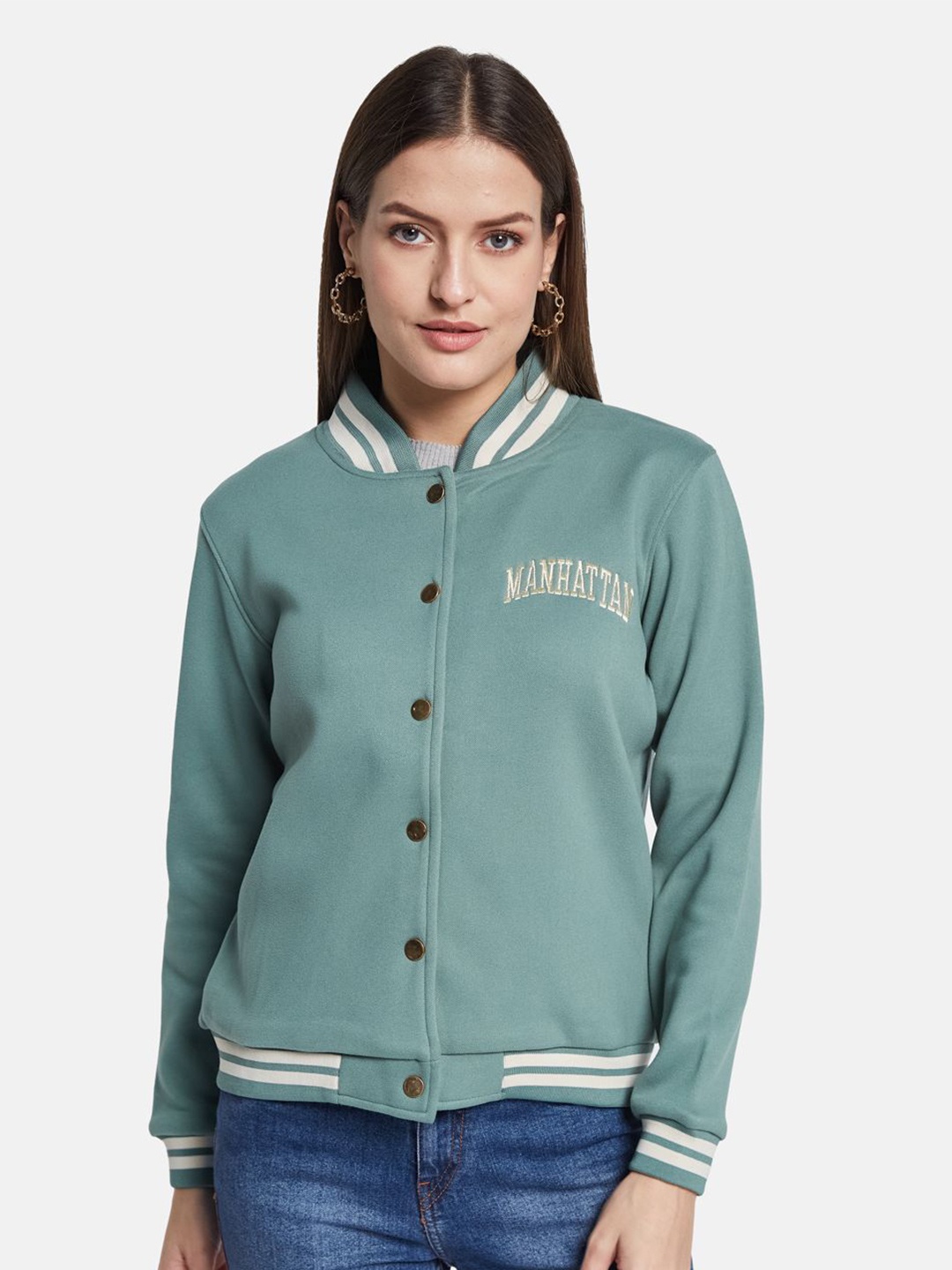 METTLE Women Mandarin Collar Front-Open Sweatshirt, Olive