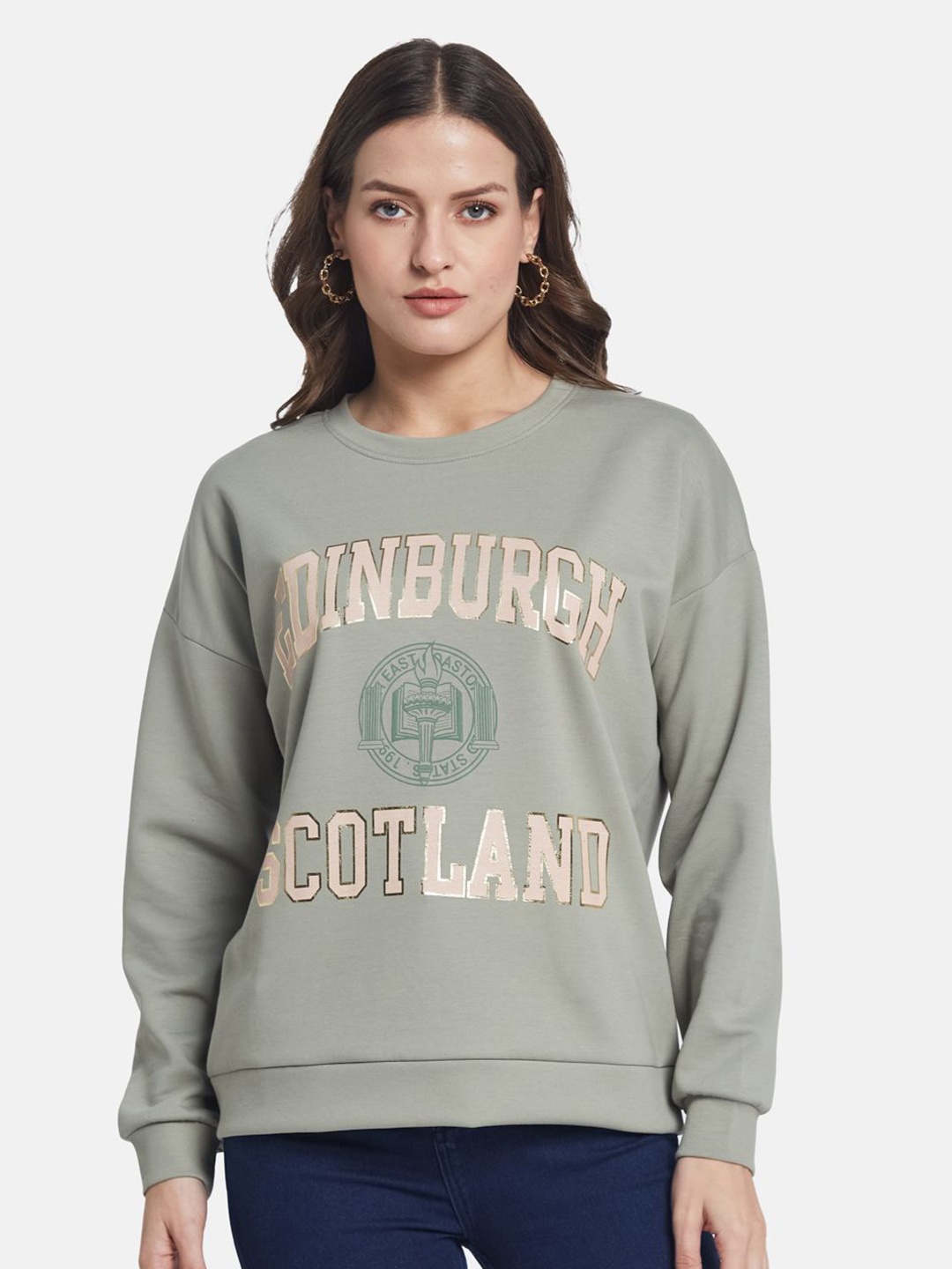

METTLE Women Typography Printed Sweatshirt, Green