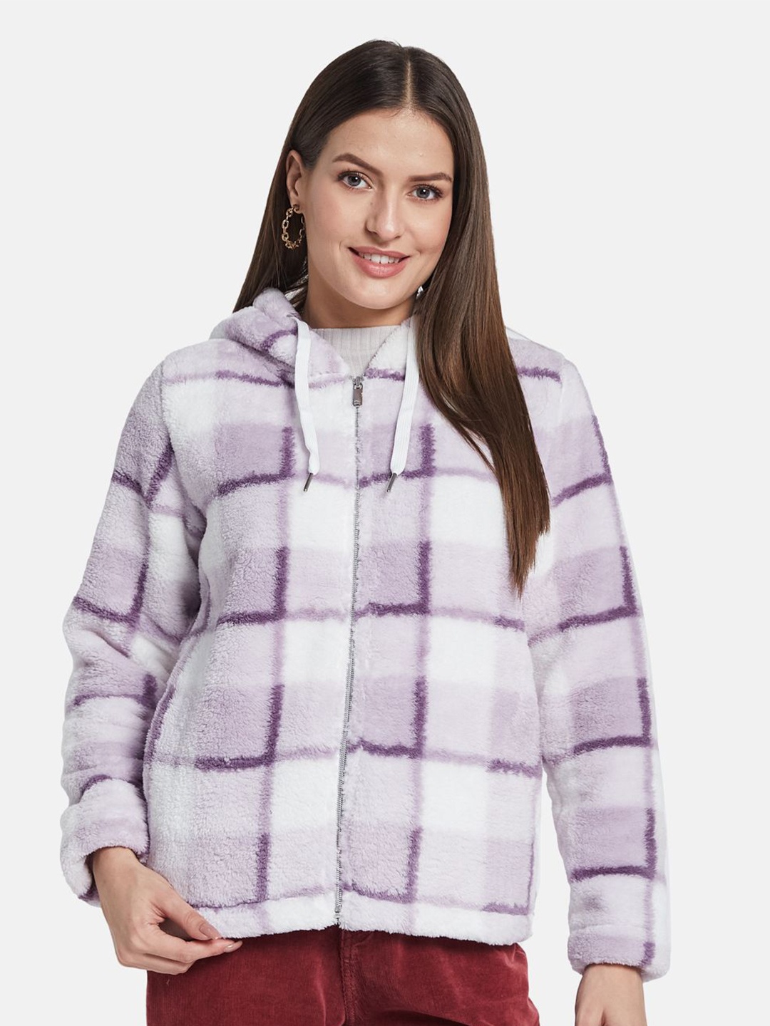 

METTLE Women Checked Hooded Sweatshirt, Purple