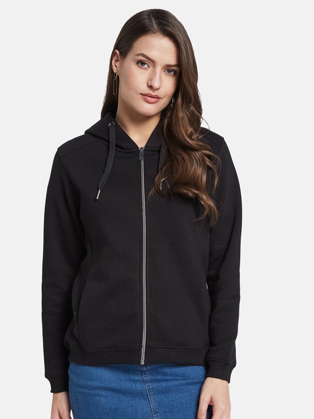 METTLE Women Hooded Front-Open Sweatshirt, Black