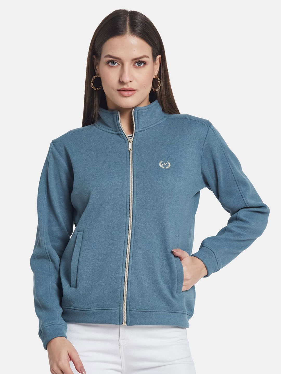 

METTLE Women Mandarin Collar Long Sleeves Sweatshirt, Blue