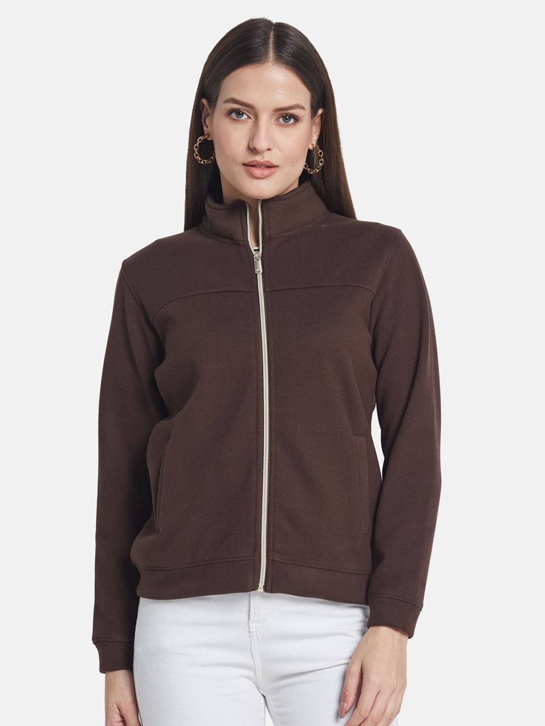 

METTLE Women Mandarin Collar Long Sleeves Sweatshirt, Brown