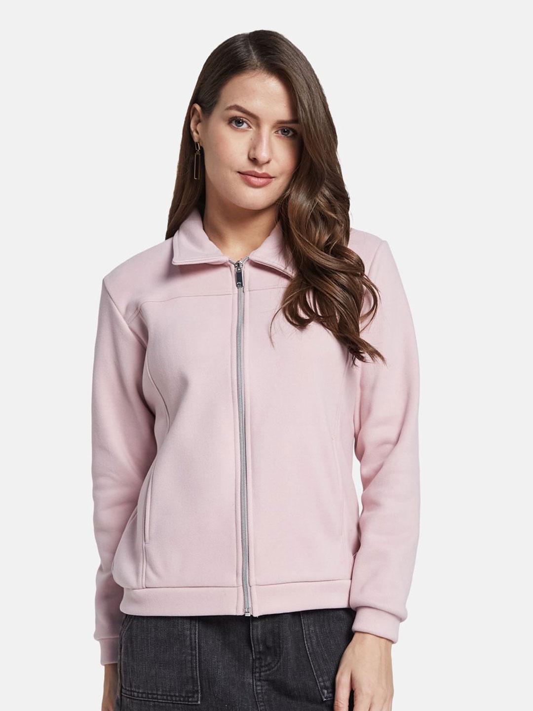 METTLE Women Shirt Collar Sweatshirt, Pink