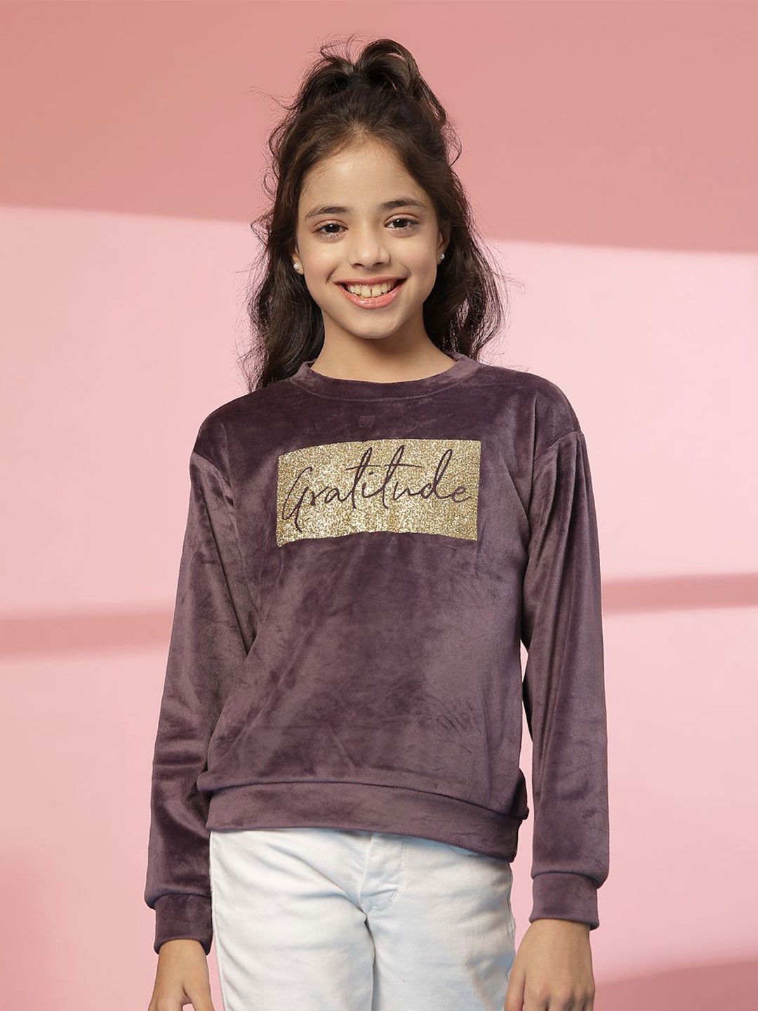 

Albion By CnM Girls Typography Printed Woollen Pullover with Embellished Detail, Purple