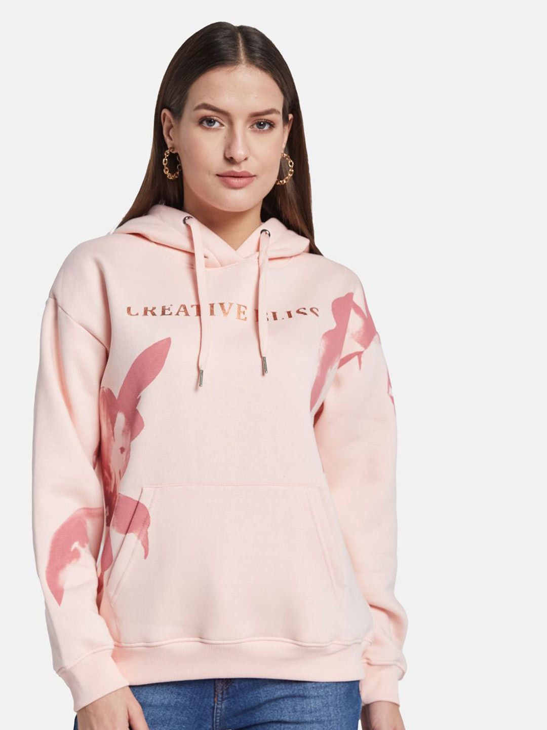 

METTLE Women Printed Hooded Pullover Sweatshirt, Pink