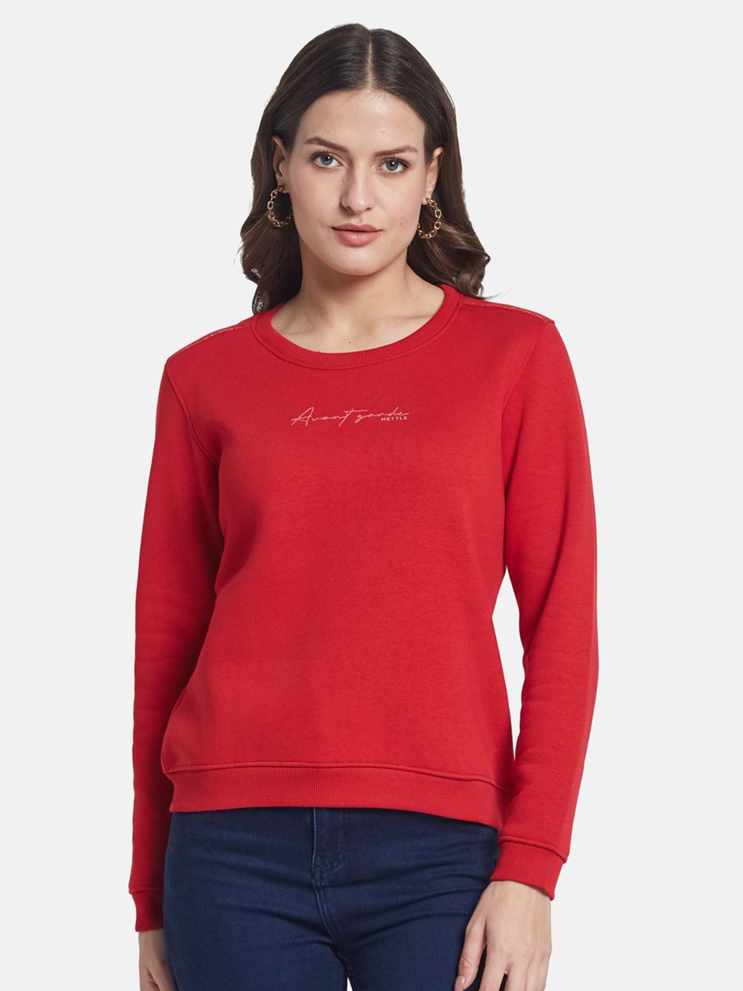 

METTLE Women Round Neck Pullover Sweatshirt, Red