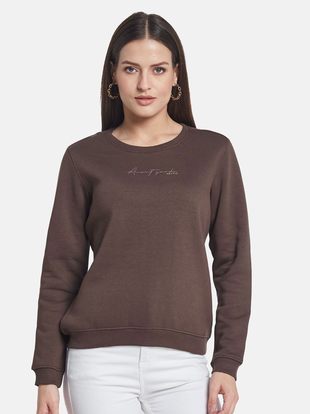 

METTLE Women Round Neck Long Sleeves Sweatshirt, Brown