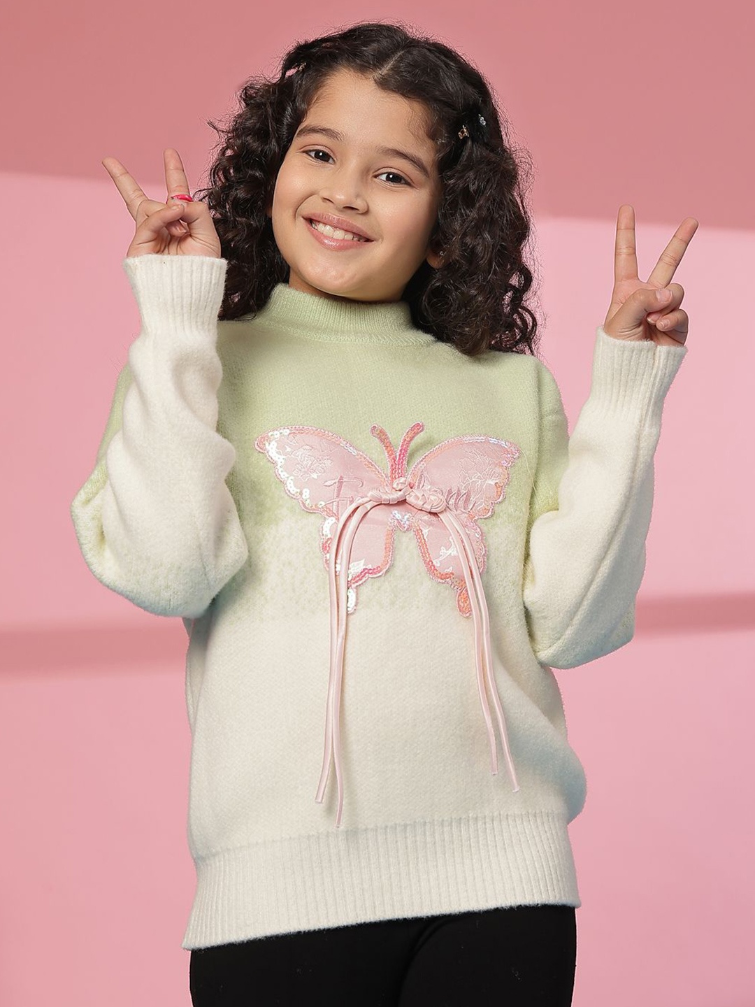 Albion By CnM Girls Embroidered Turtle Neck Woollen Pullover, Green
