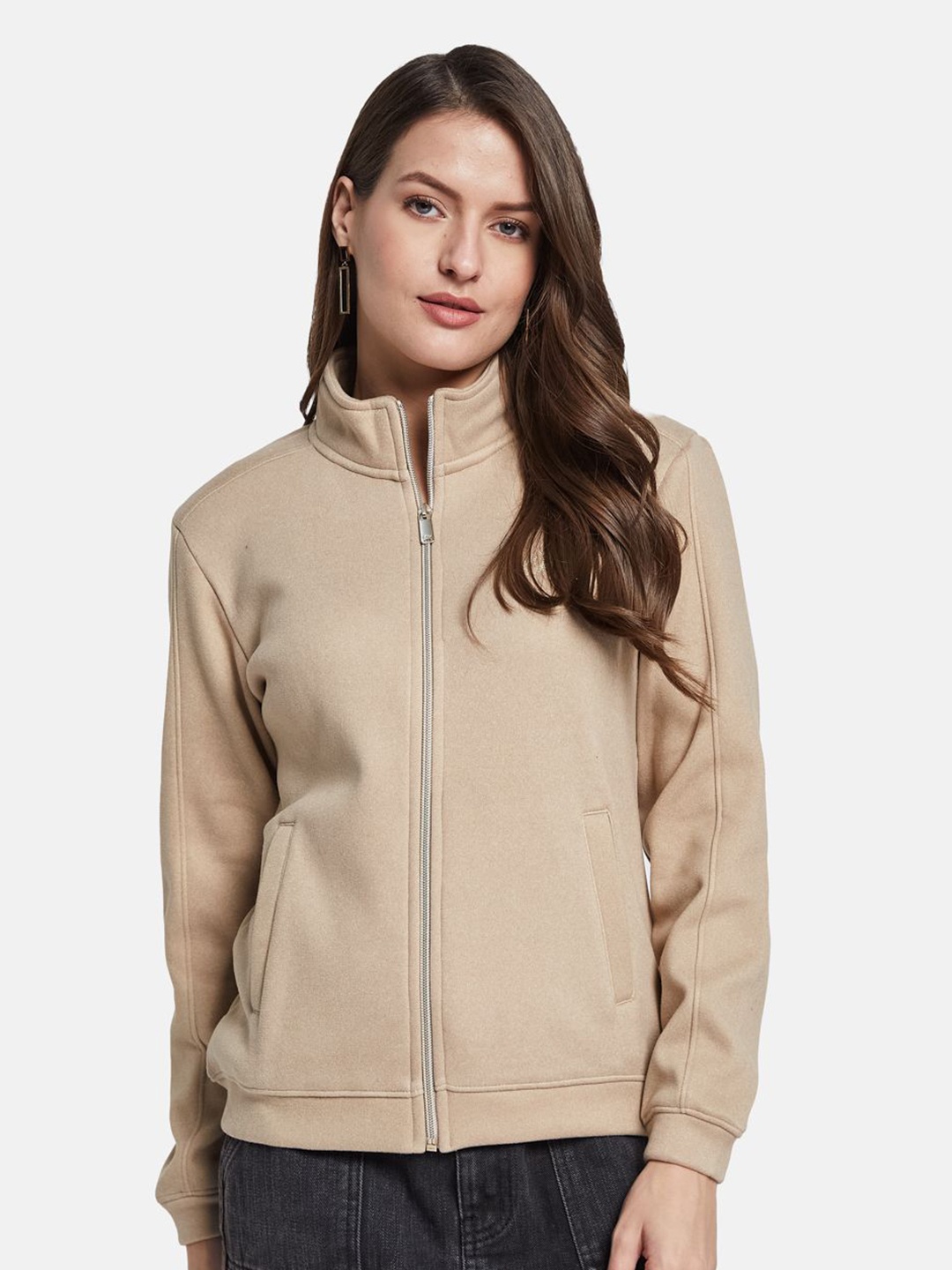 

METTLE Women Mandarin Collar Long Sleeves Sweatshirt, Cream
