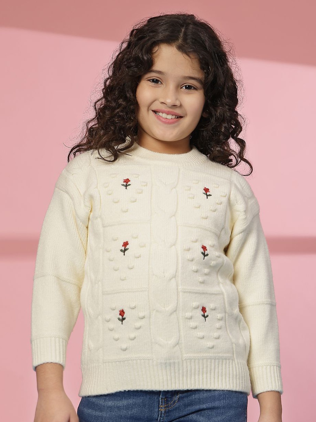 

Albion By CnM Girls Floral Woollen Pullover, Cream