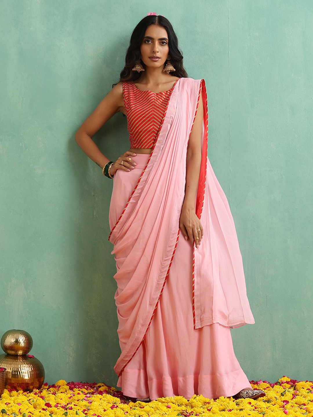 

indy Raaga Gotta Patti Poly Chiffon Ready to Wear Saree, Pink