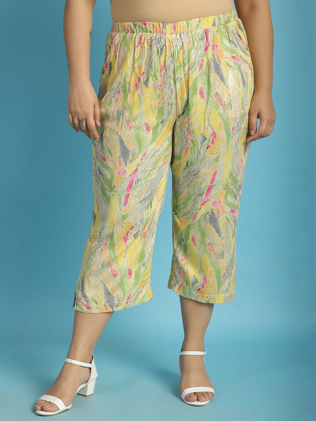 

theRebelinme Women Printed High-Rise Plus Size Capris, Yellow