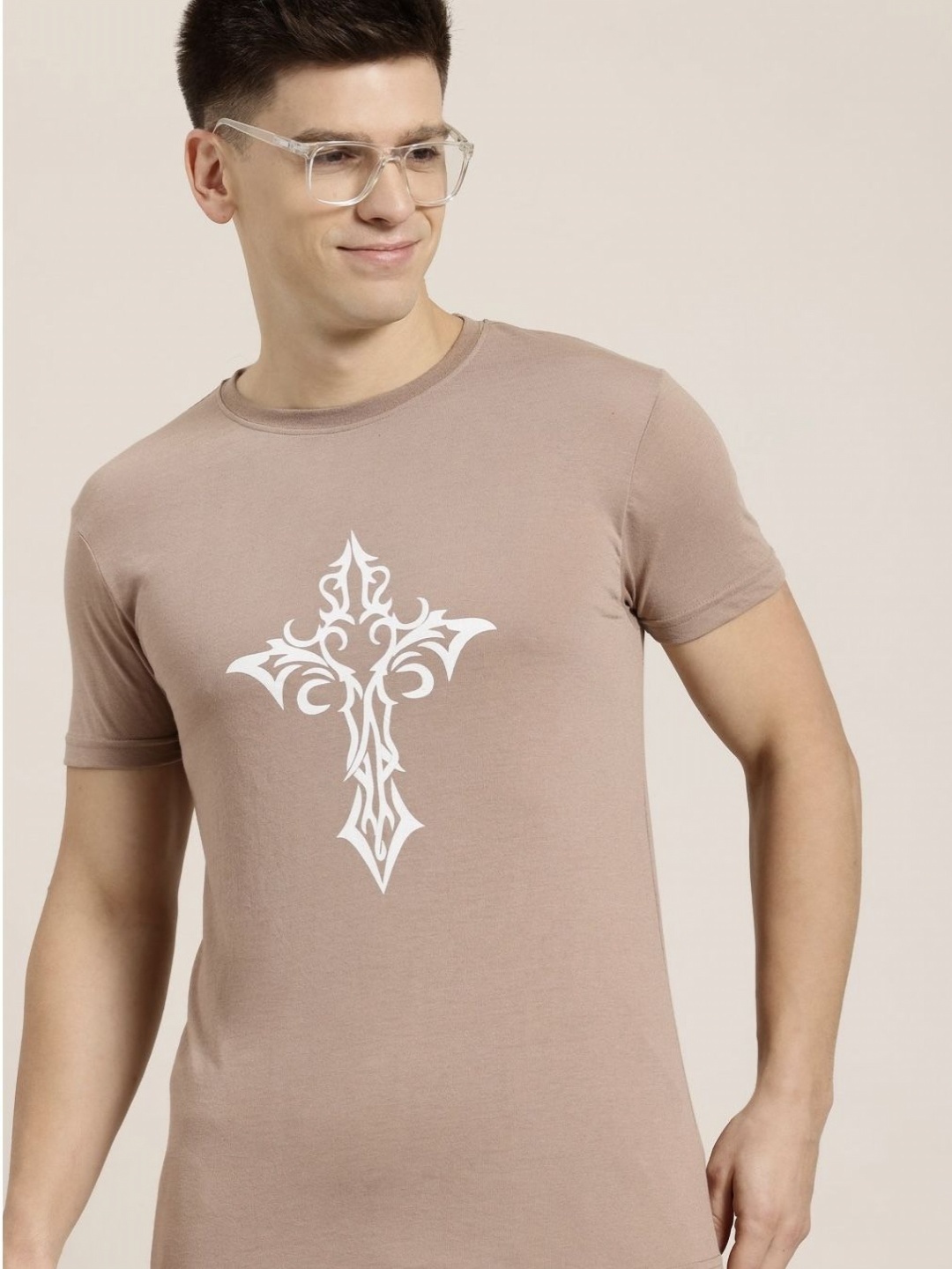 HERE&NOW Men Graphic Printed Round Neck Cotton T-shirt, Taupe