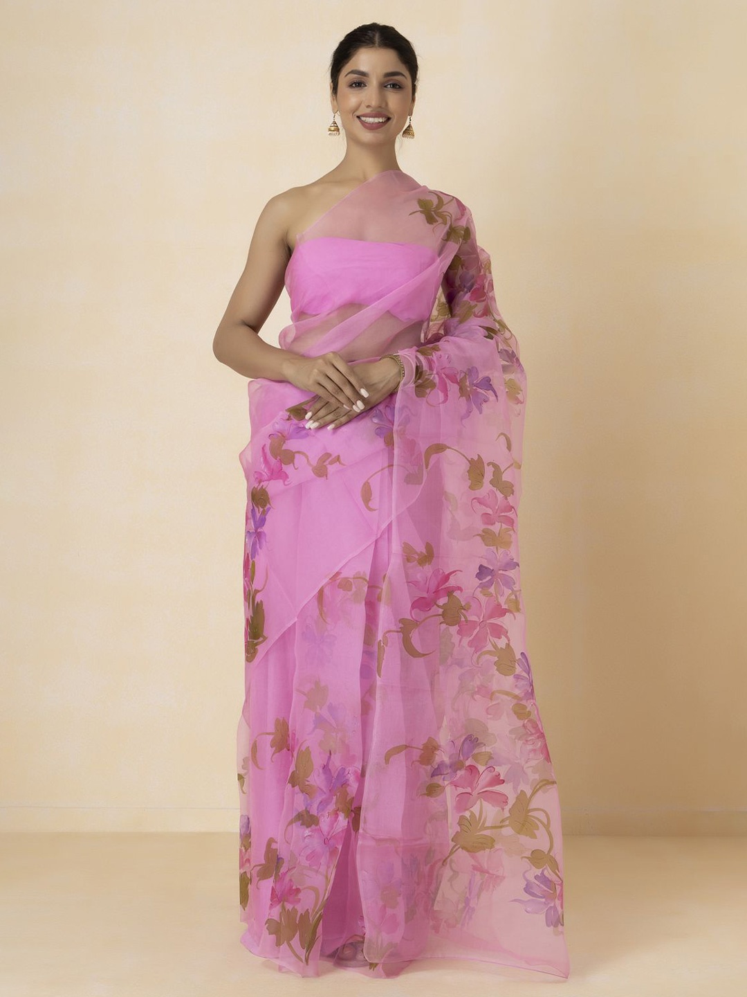 Geroo Luxe Floral Printed Organza Saree, Pink