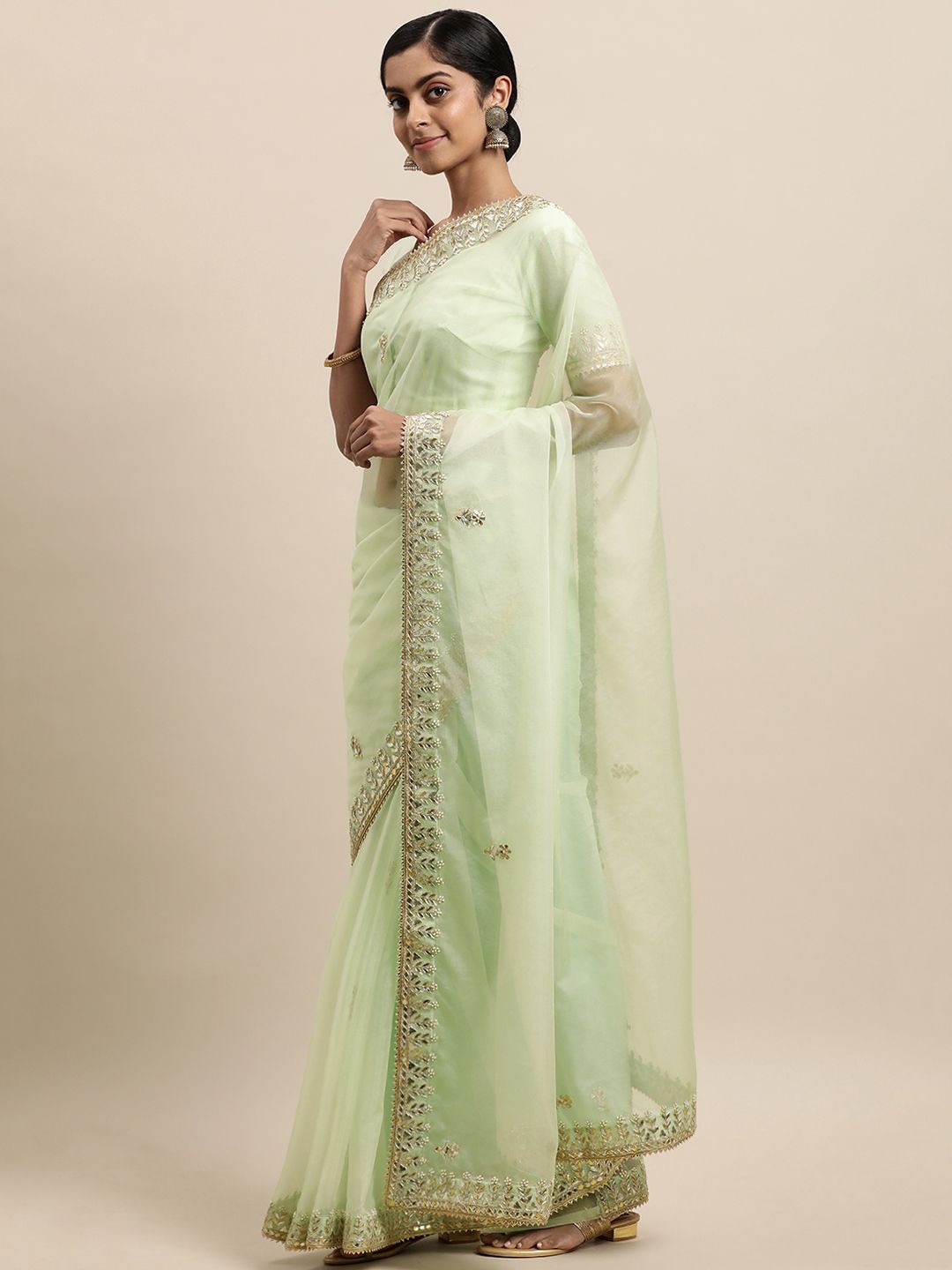Geroo Luxe Embellished Gotta Patti Organza Saree, Sea green