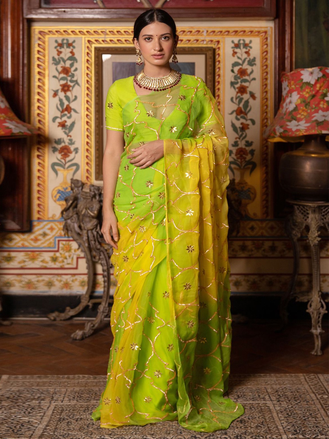 Geroo Luxe Floral Embroidered Gotta Patti Saree, Green