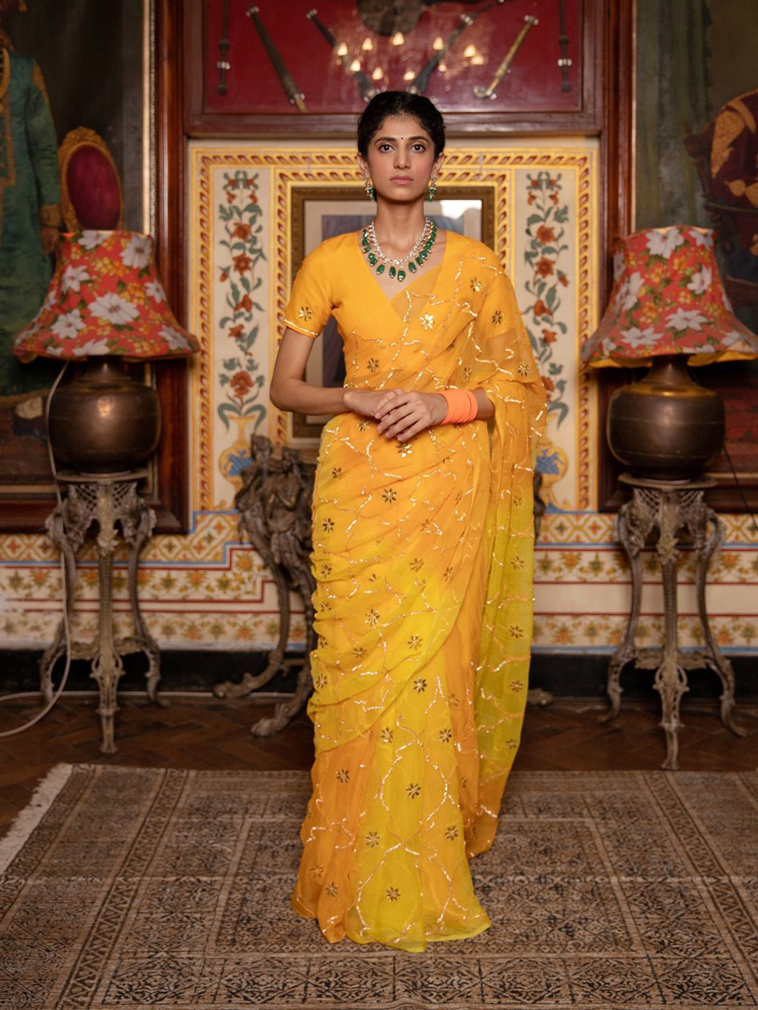 

Geroo Luxe Floral Embroidered Gotta Patti Pure Chiffon Saree, Yellow