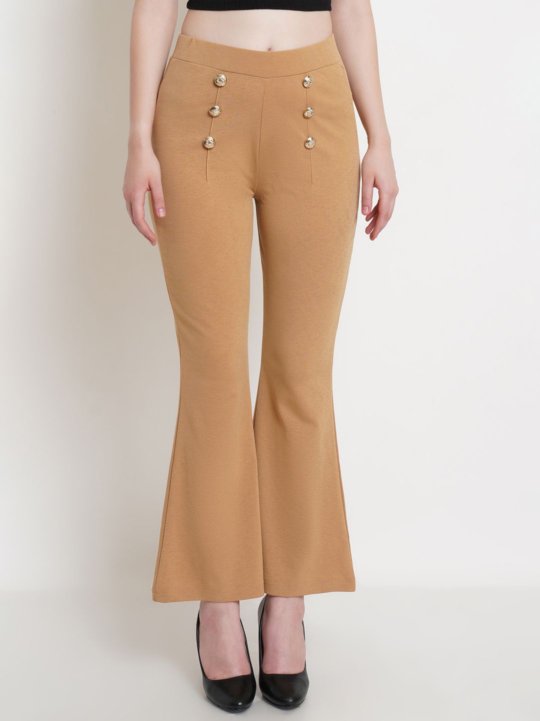 

Popwings Women High-Rise Flared Bootcut Trouser, Camel brown