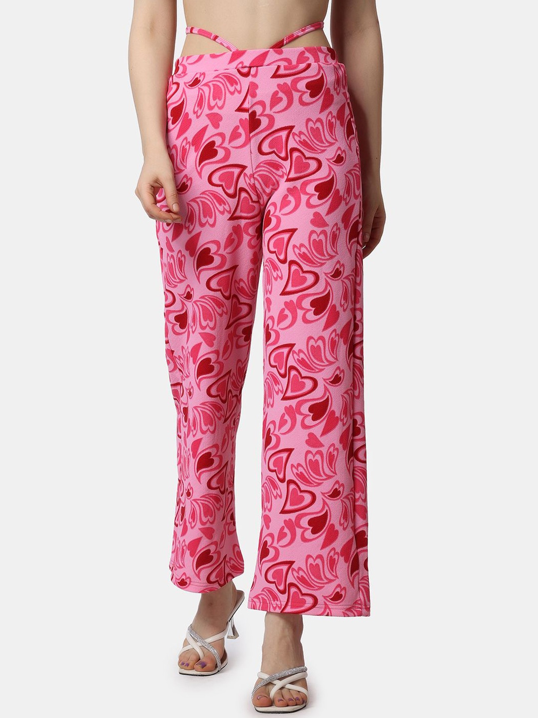 

Popwings Women Textured Printed Smart High-Rise Easy Wash Trousers, Pink