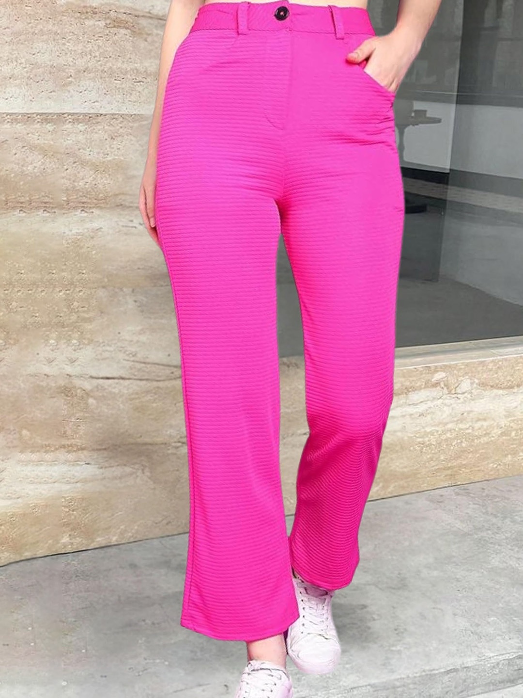 Popwings Women Smart Easy Wash Regular Trousers, Pink