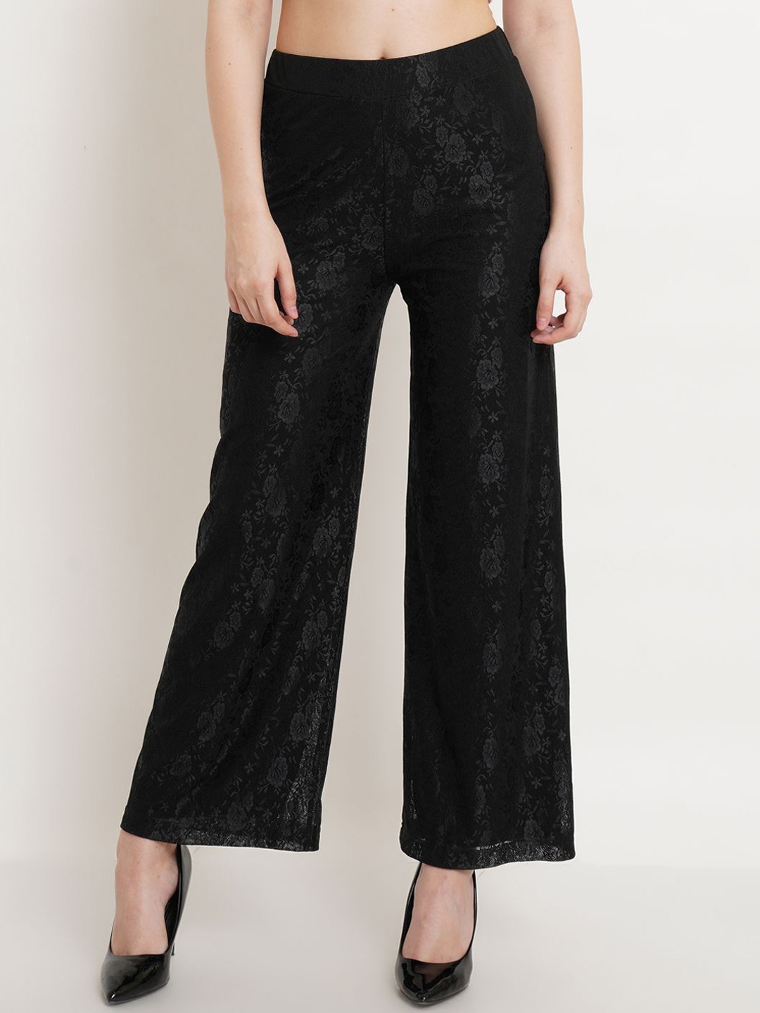 

Popwings Women Floral Relaxed Straight Leg Flared High-Rise Easy Wash Trousers, Black
