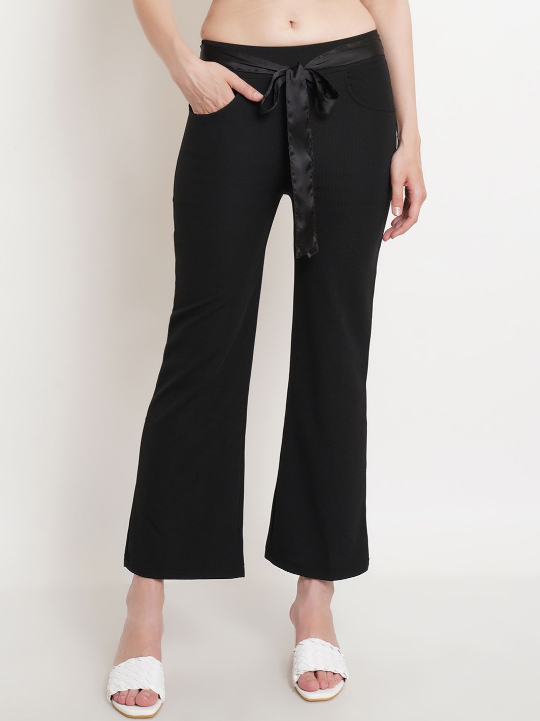

Popwings Women Mid-Rise Flared Relaxed Trouser, Black