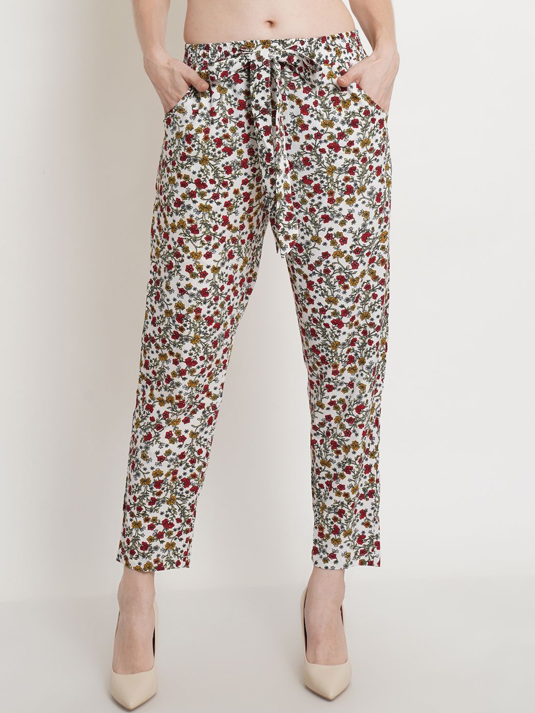 Popwings Women Floral Printed Relaxed Fit Trouser, White