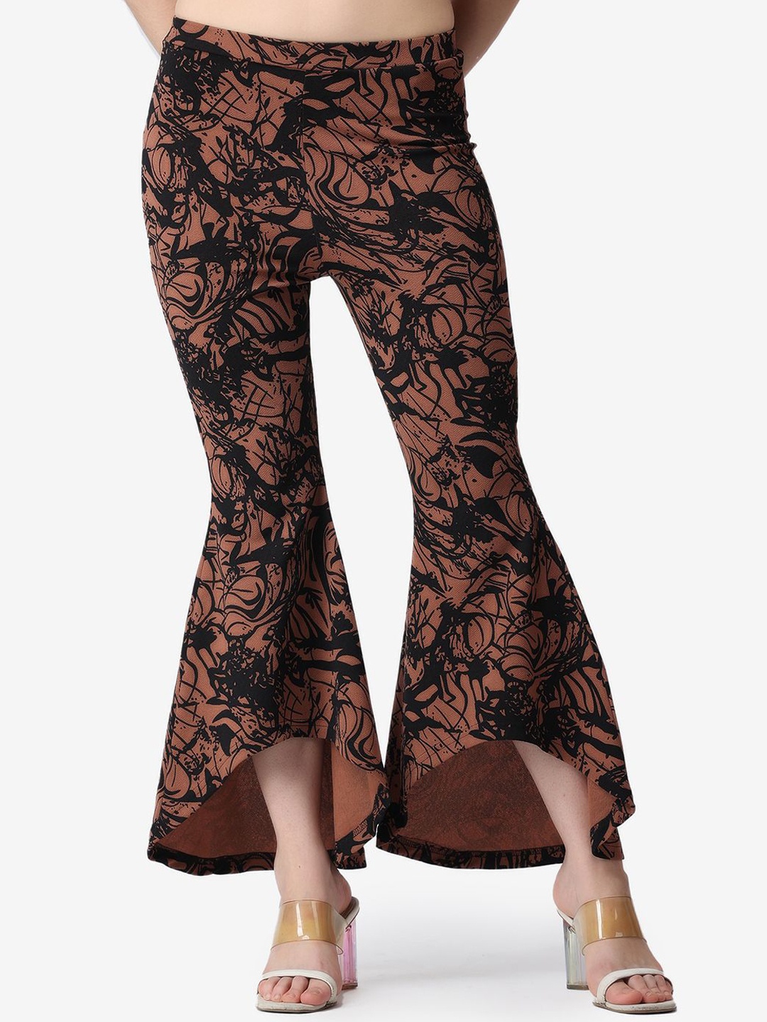Popwings Women Printed Flared High-Rise Trouser, Coffee brown