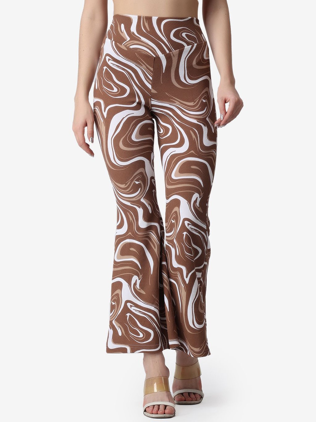 

Popwings Women Printed Flared High-Rise Trouser, Brown