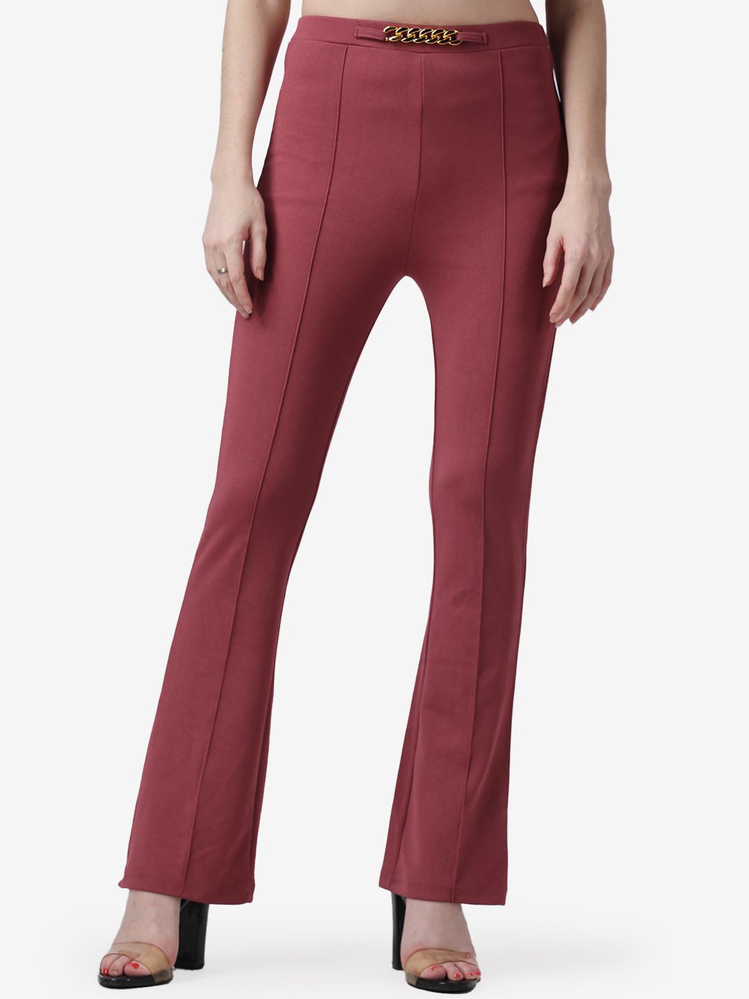 

Popwings Women Cotton Smart Mid-Rise Regular Fit Flared Bootcut Trouser, Pink