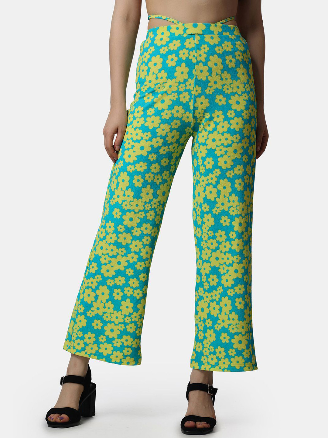 

Popwings Women Floral Printed Smart High-Rise Easy Wash Regular Trousers, Blue