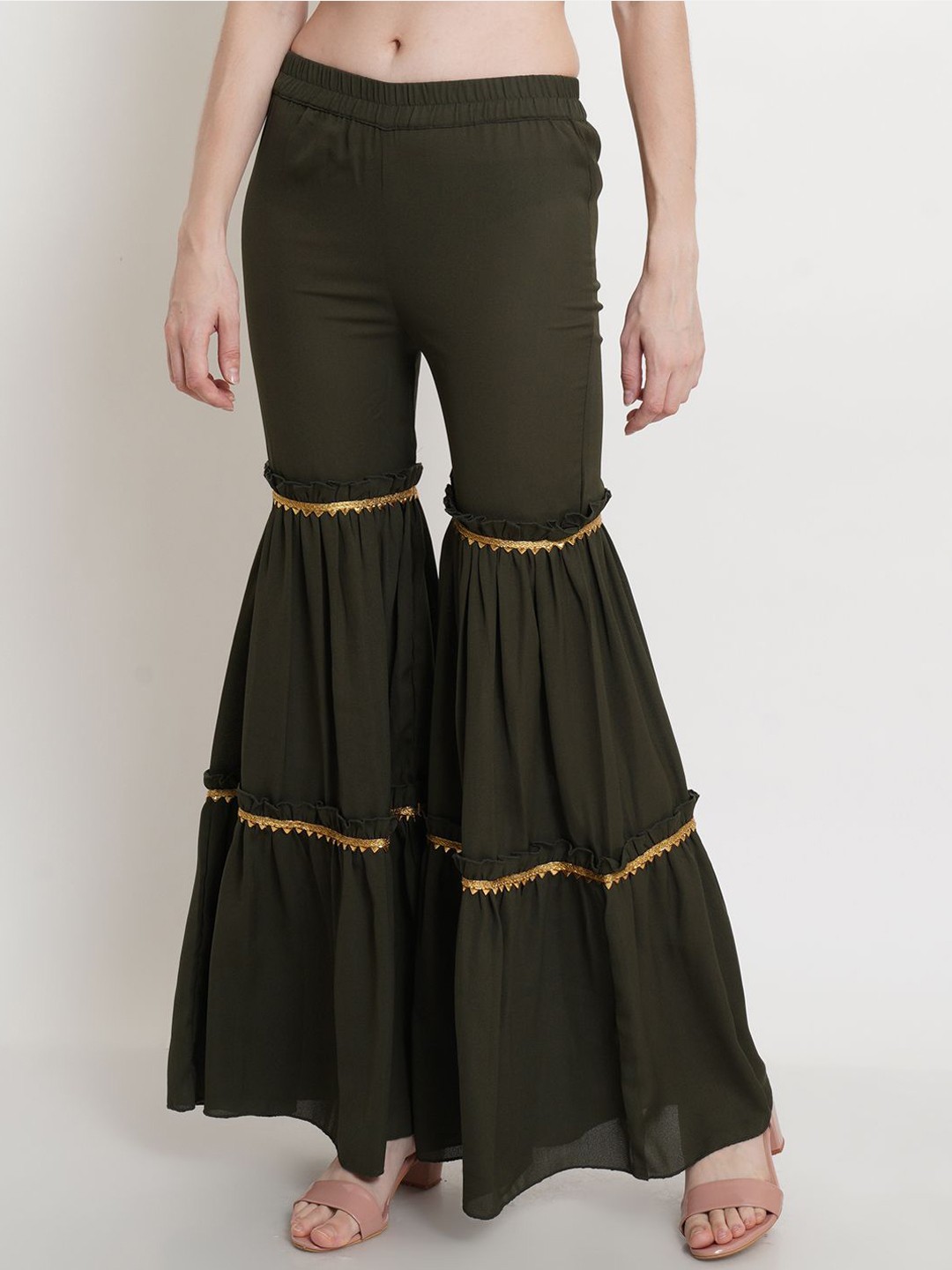 

Popwings Women Regular Fit Flared Sharara, Olive