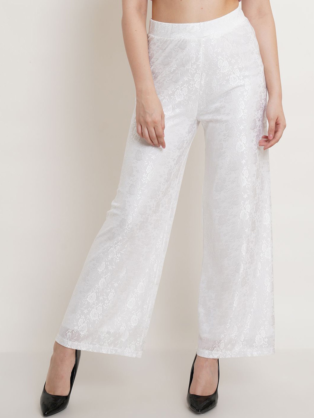 Popwings Women Floral Embellished Relaxed Straight Leg Fit High-Rise Trousers, White