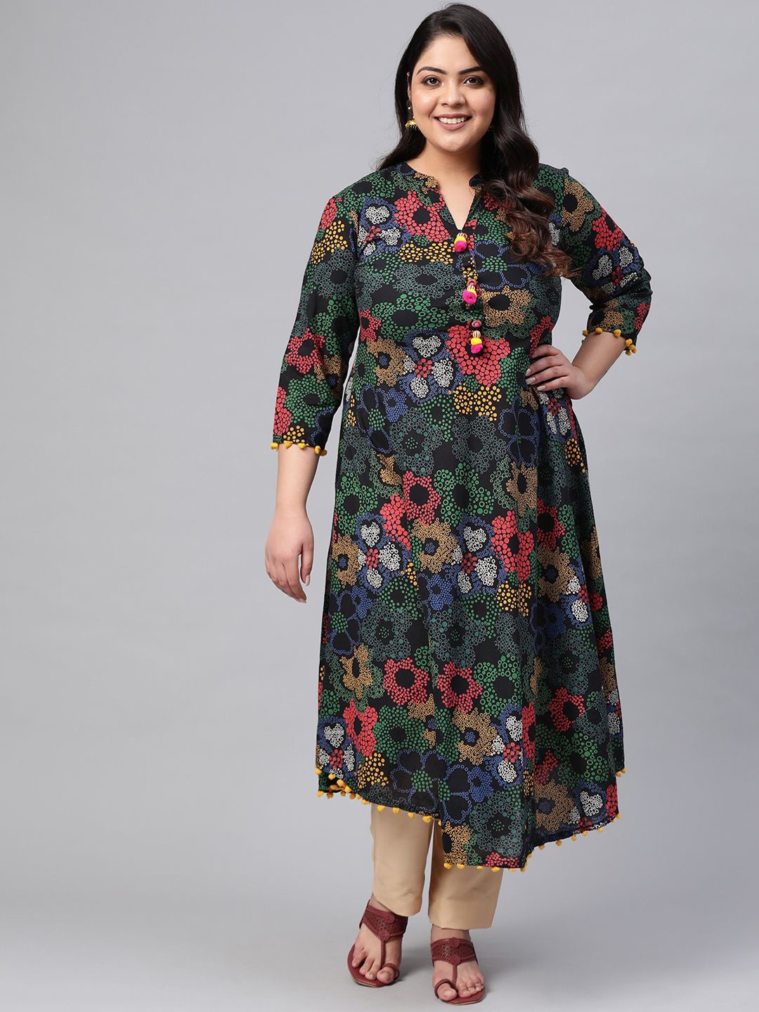 

YASH GALLERY Mandarin Collar Floral Printed Anarkali Cotton Kurta, Black