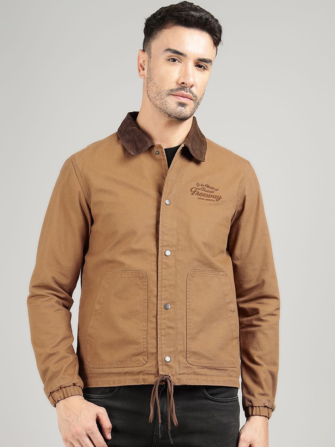 

Royal Enfield Men Spread Collar Solid Casual Biker Jacket, Brown