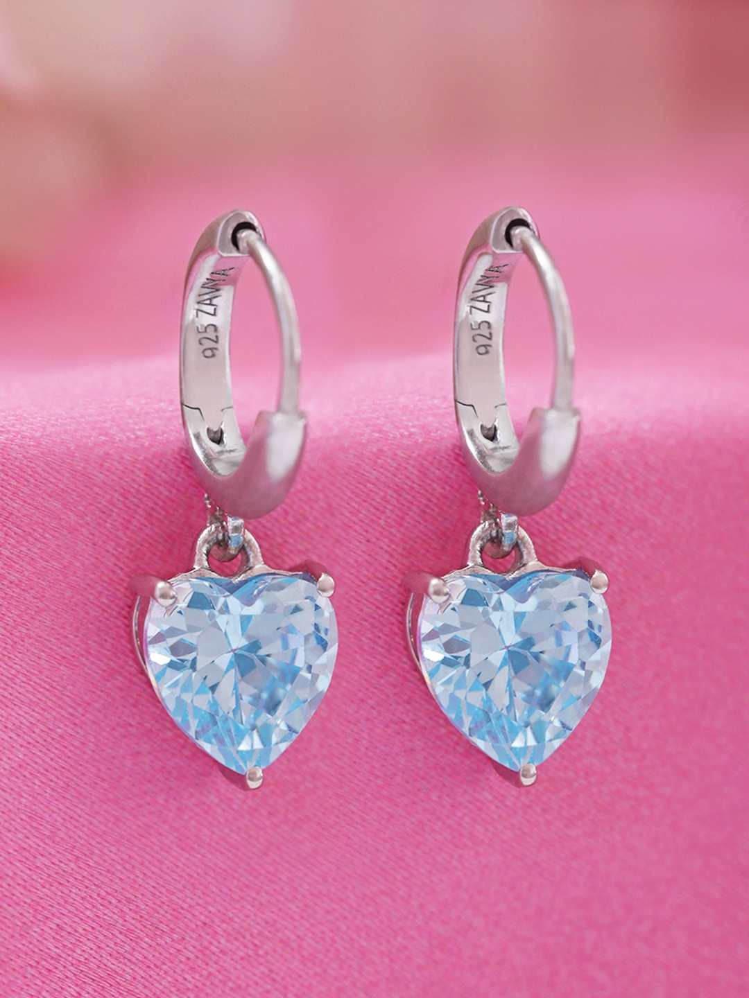 

Zavya 925 Sterling Silver Rhodium-Plated Cubic Zirconia Studded Blue Heart Drop Earrings