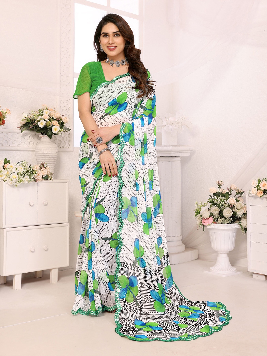 The Textile Hub Floral Mirror Work Pure Georgette Saree, Green