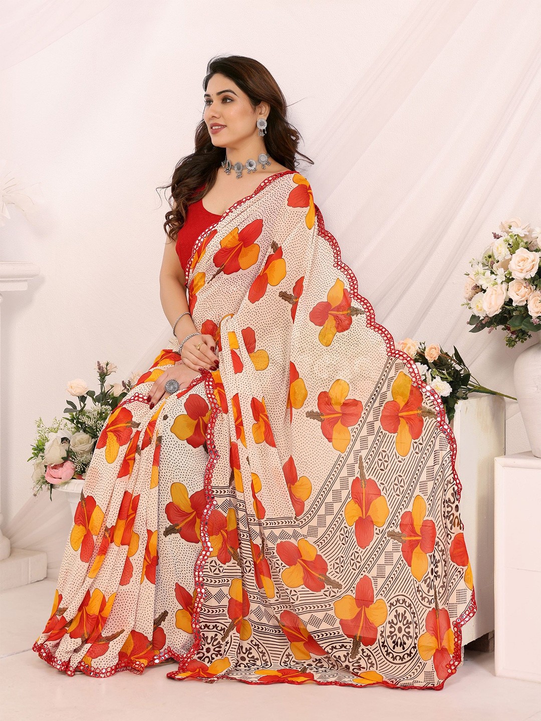 

The Textile Hub Floral Mirror Work Pure Georgette Saree, Red