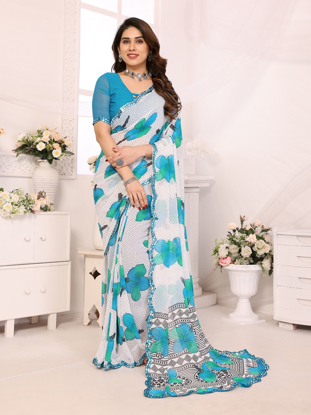 

The Textile Hub Floral Mirror Work Pure Georgette Saree, Turquoise blue