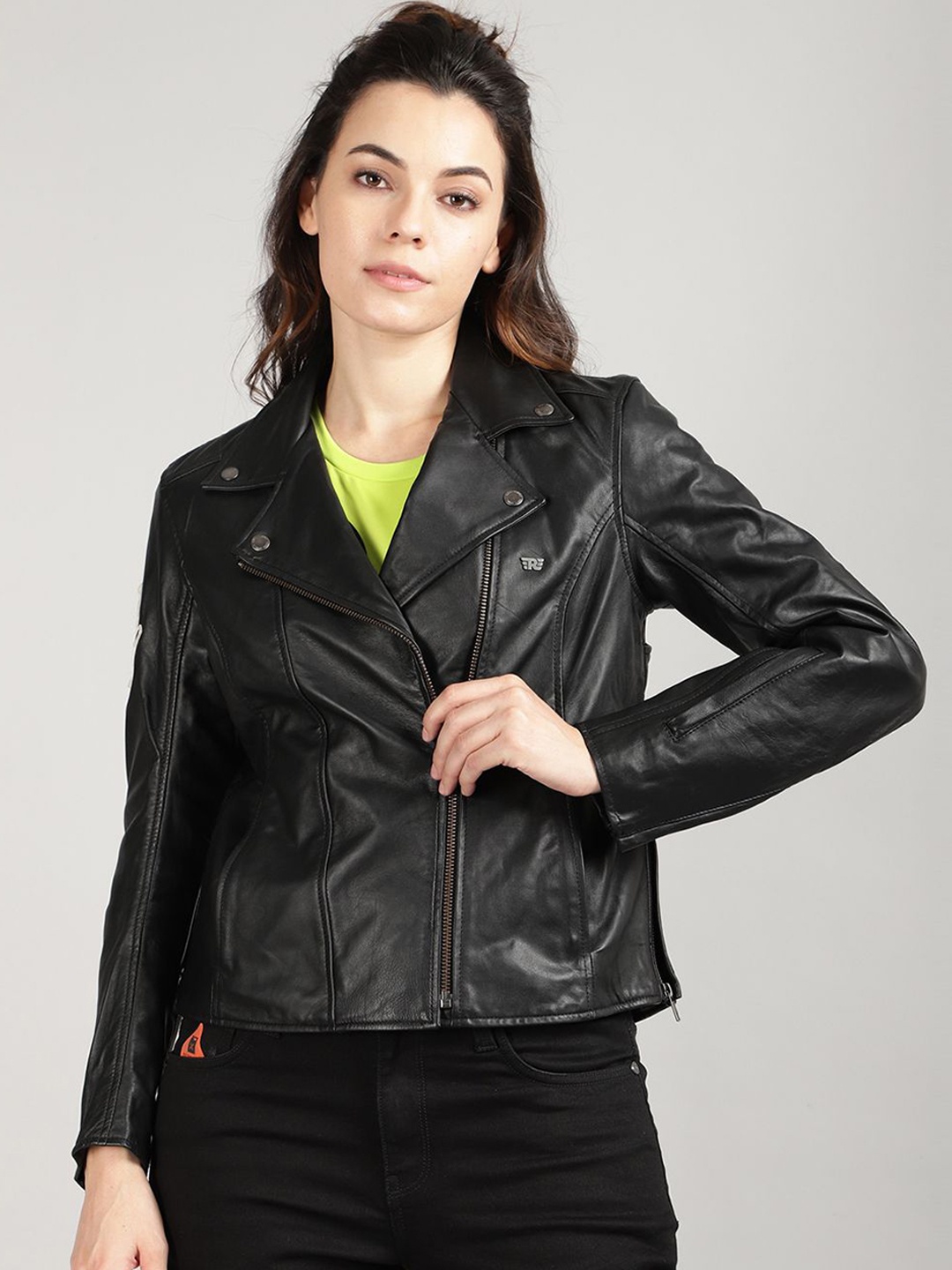 

Royal Enfield Women Lapel Collar Solid Casual Biker Jacket, Black